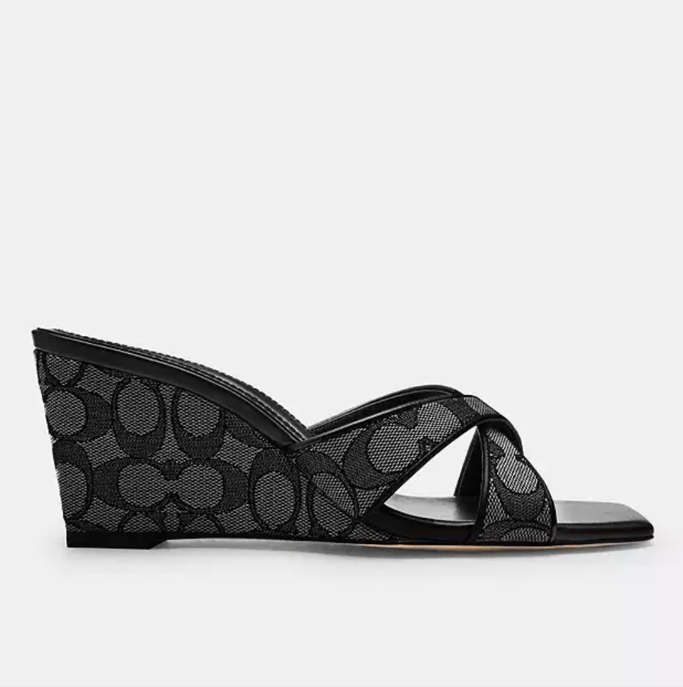 New! Coach Wedge Sandals 🩴 In Signature Jacquard CAQ95 In Smoke Coal/Black 6.5 - Picture 5 of 7